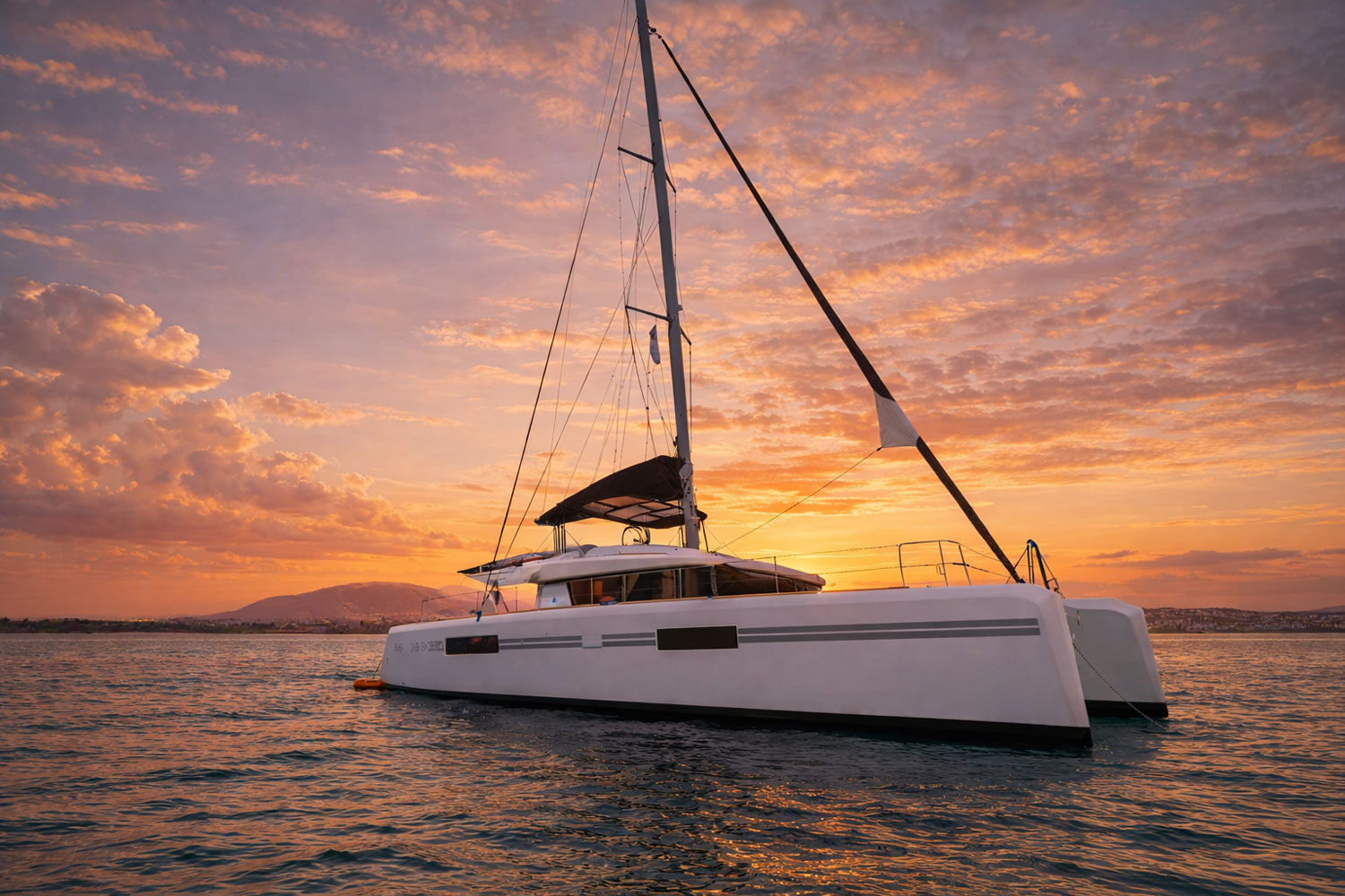 Catamaran at anchor in a quiet bay